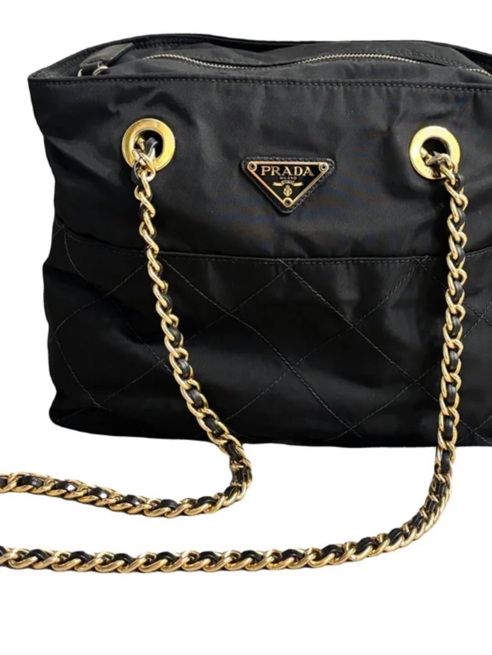 Prada Black Tessuto Quilted Nylon Shoulder Bag with Gold Chain